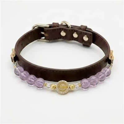 Amethyst Beaded Leather Dog Collar